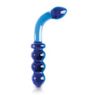 Hand blown blue glass sex toy with curved shape and bulbous end for G-spot stimulation