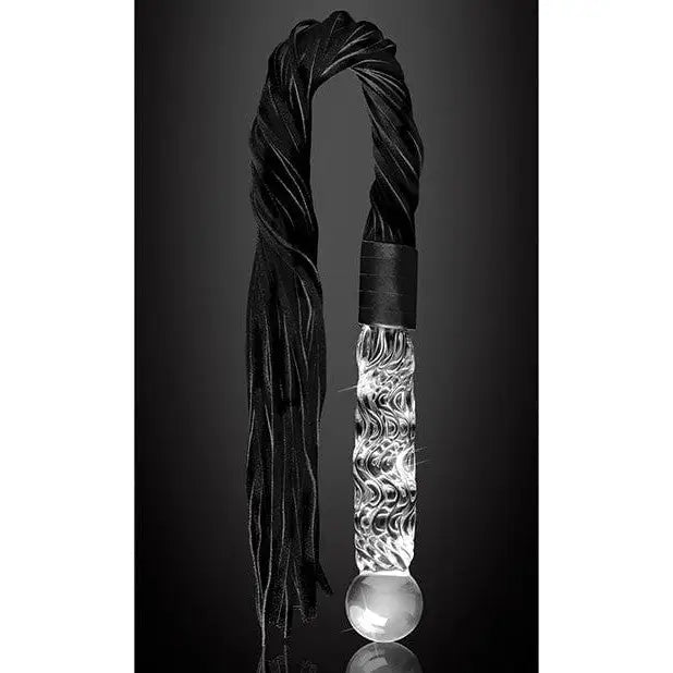 Ornate hand blown glass dildo with black fabric handle | Icicles No. 38 Hand Blown Glass Whip