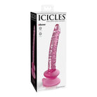 Pink silicone pleasure device w/ textured shaft & suction cup, resembling hand blown glass