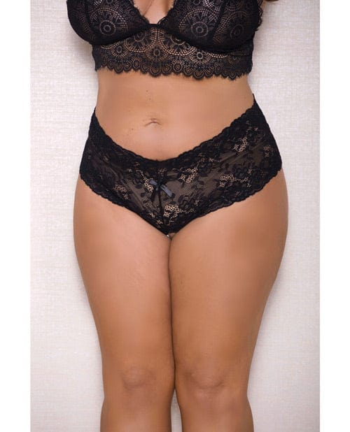 Icollection Lingerie Lingerie - Plus/queen - Hanging 3XL/4XL / Black Lace & Pearl Boyshort W/satin Bow Accents at the Haus of Shag