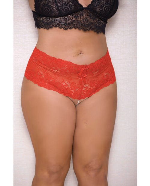 Icollection Lingerie Lingerie - Plus/queen - Hanging 3XL/4XL / Red Lace & Pearl Boyshort W/satin Bow Accents at the Haus of Shag