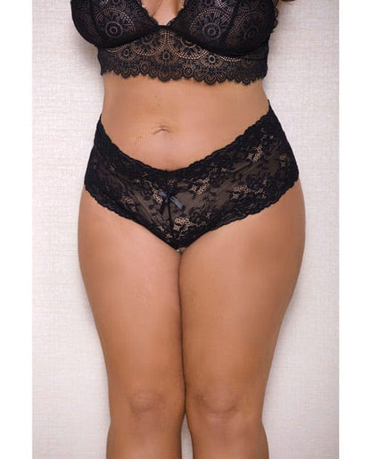 Icollection Lingerie Lingerie - Plus/queen - Hanging XL/2XL / Black Lace & Pearl Boyshort W/satin Bow Accents at the Haus of Shag