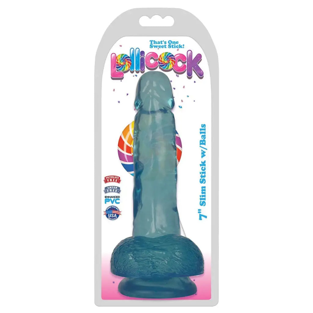 Inch Slim Stick With Balls Berry Ice Dildo in teal retail packaging