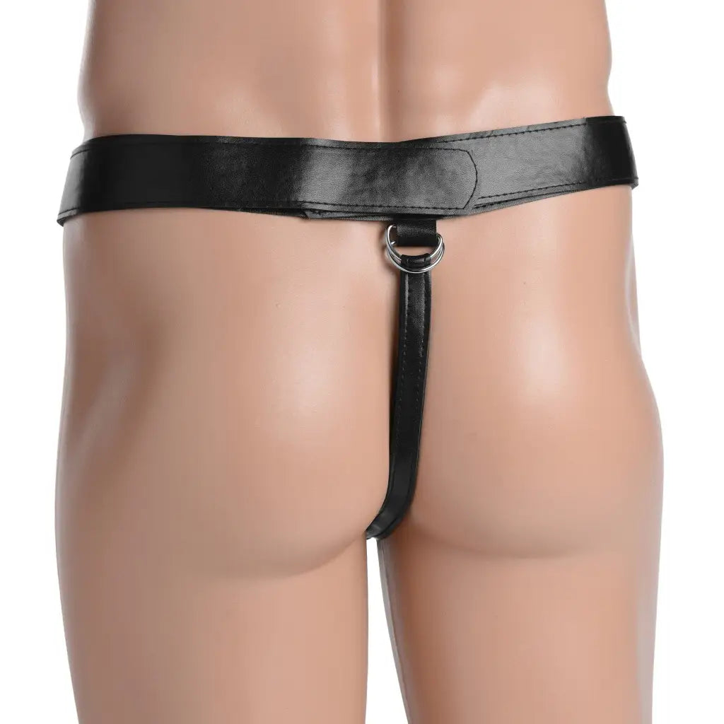 Infiltrator Hollow Strap: Black leather thong-style undergarment with metal ring attachment