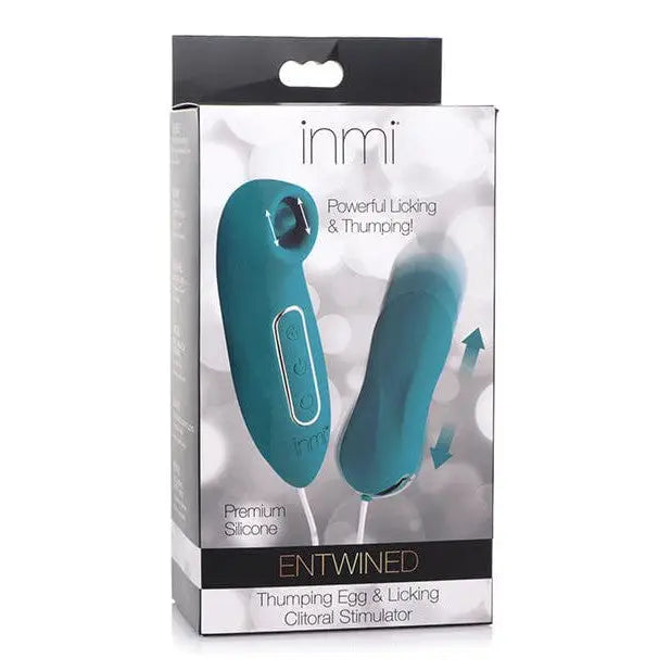 Teal Inmi Entwined silicone thumping egg and clitoral stimulator in retail box