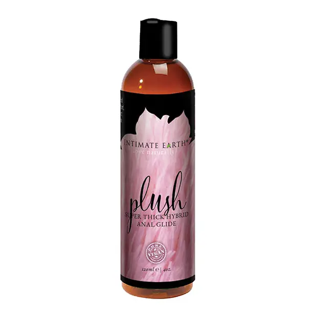 Bottle of Intimate Earth Plush Hybrid Anal Lubricant 240ml with pink label and black cap