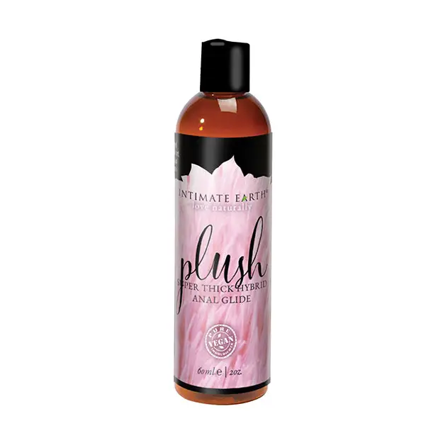 Bottle of Intimate Earth Plush Hybrid Anal 240 ml/8 oz with pink and black labeling