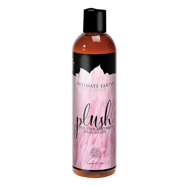 Intimate Earth Plush Hybrid Anal Lubricant 240 ml bottle with pink and black label