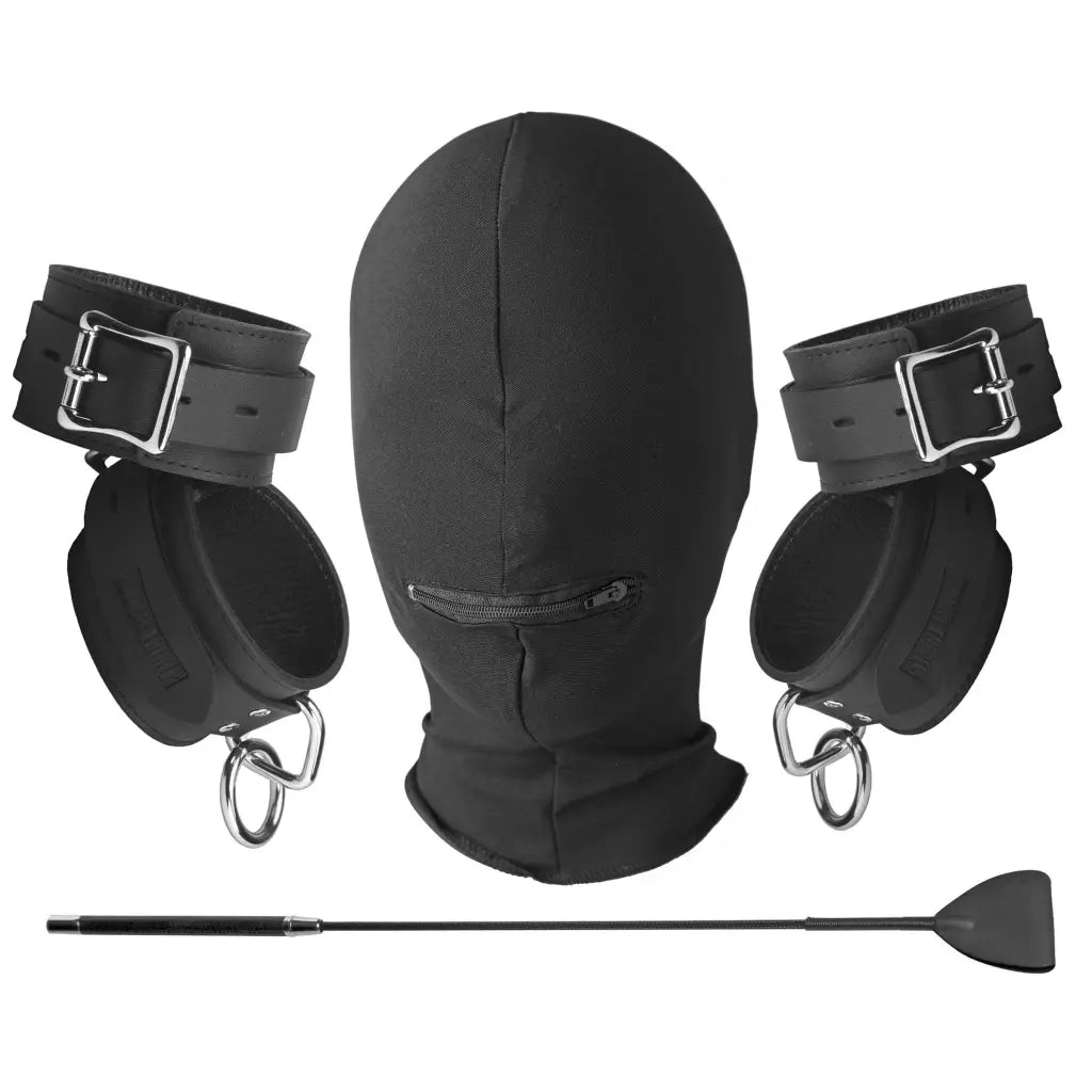 Black full-face mask with zipper mouth opening in Intro To Femdom Bondage Kit