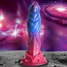 Alien-themed silicone dildo with textured surface and gradient, compatible with water based lubricants