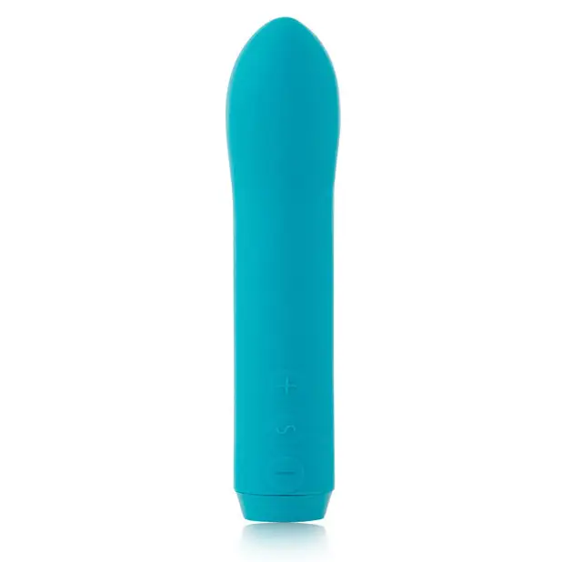 Close up of Je Joue G-Spot Bullet Teal blue plastic bottle with white background