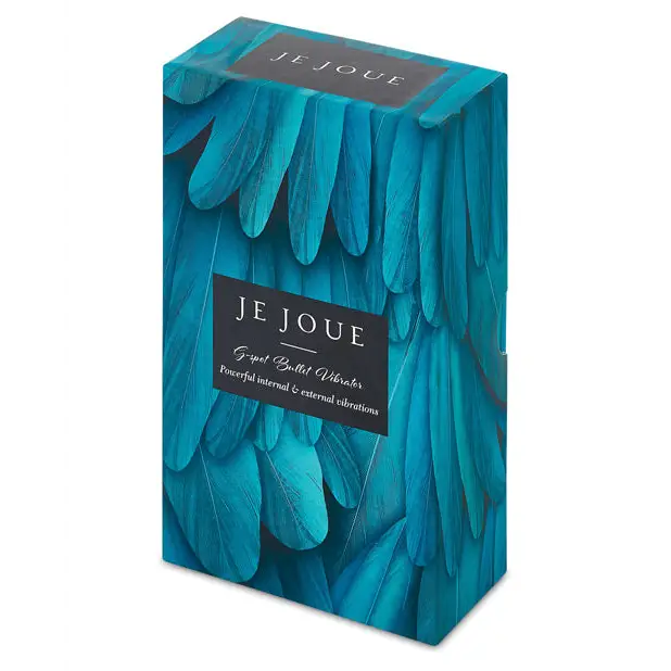 The box of blue feathers and Je Joue G-Spot Bullet Teal for enhanced pleasure