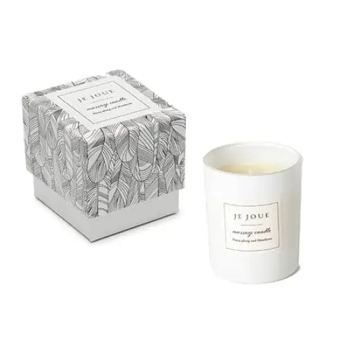 Je Joue Ylang Ylang Mandarin Massage Candle in white ceramic container with matching box