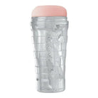 Clear plastic tumbler with pink lid and textured body - Jesse Jane Deluxe Signature Pussy Stroker