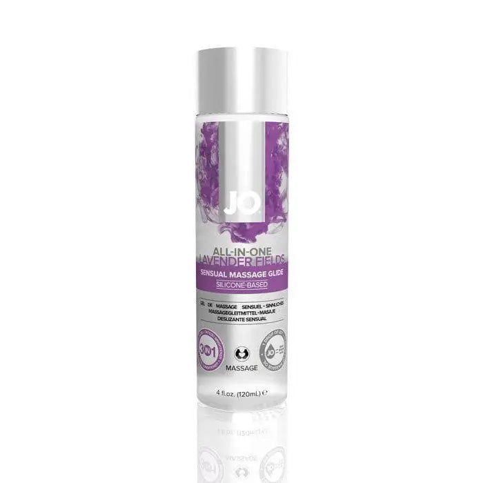 Bottle of JO All-In-One Massage Glide, lavender-scented, silicone-based, 4 fl oz