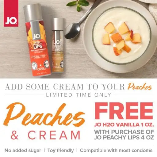 Advertisement for JO H20 Peaches Lips featuring a peaches and vanilla cream theme