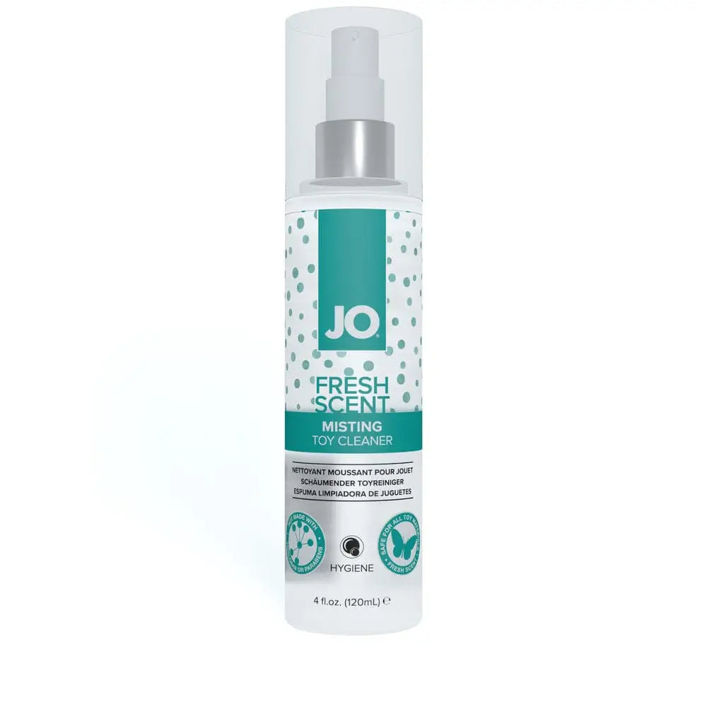 Close-up of Jo Misting Toy Cleaner 4oz bottle, an essential misting toy cleaner