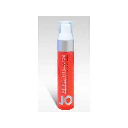 Red and silver spray bottle labeled ‘JO Nipple Titillator - Strawberry Stimulant’ 1 fl oz