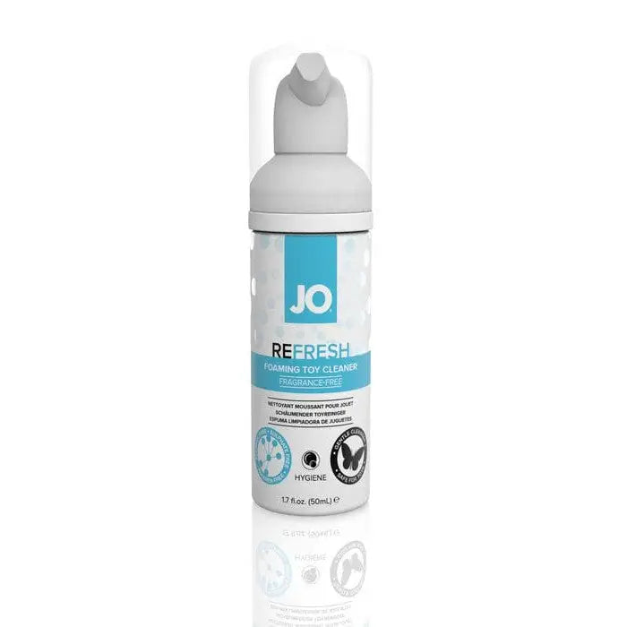 Bottle of JO Refresh Foaming Toy Cleaner, 1.7 fl. oz., fragrance-free with a blue label