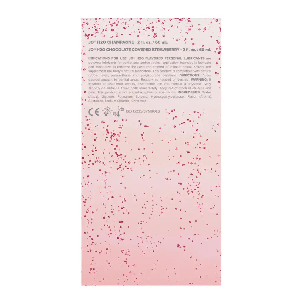 JO Sweet And Bubbly Pleasure Set - Flavored Lubricant Label on Pink and Red Patterned Background