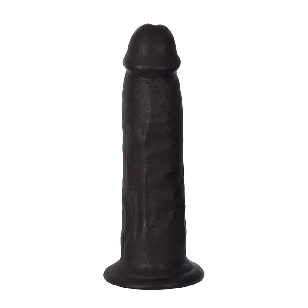 Phthalate-free 7 inch dong: Black silicone dildo shaped like an erect penis