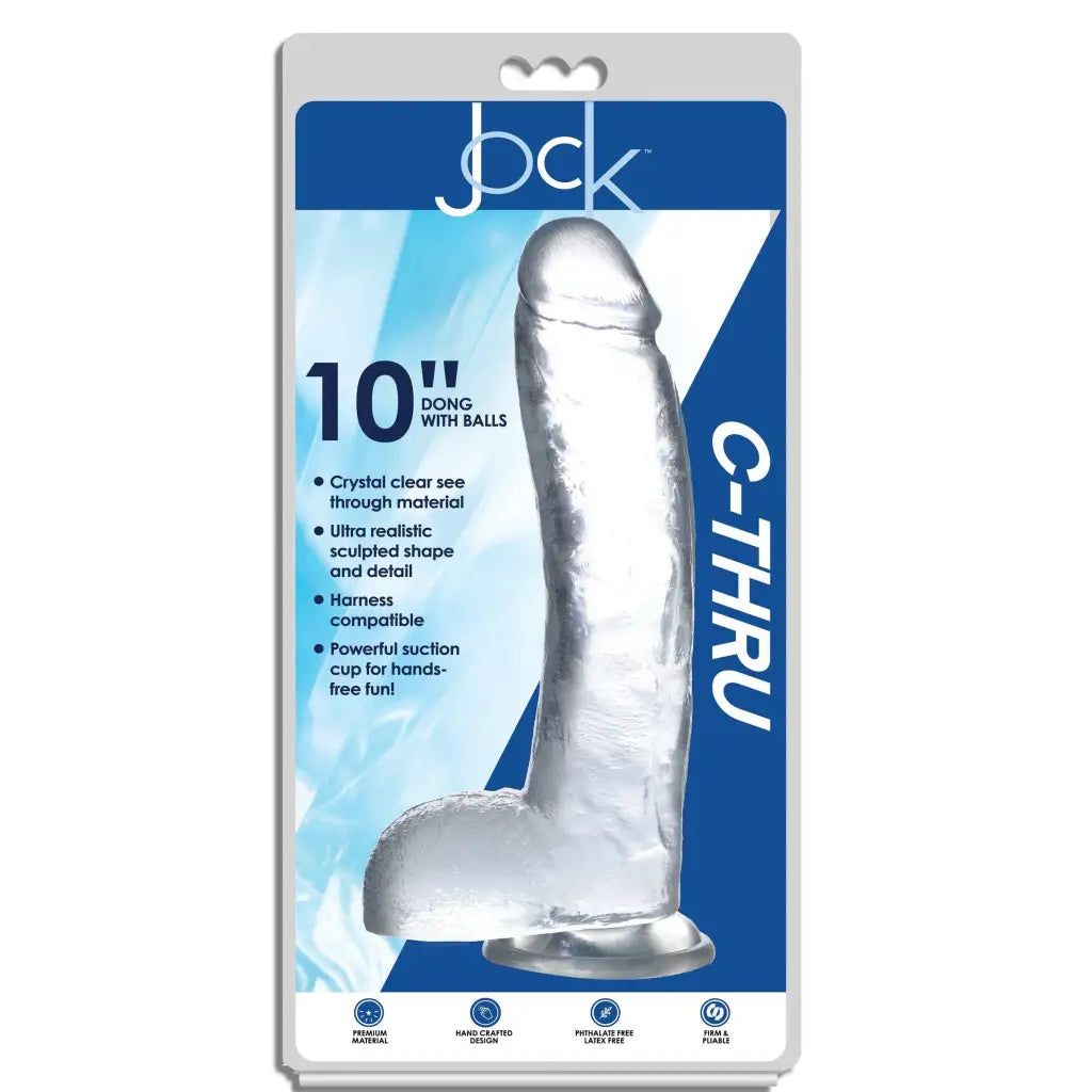 Phthalate-free Jock C-Thru Dildo with a suction cup base and anatomically-shaped design