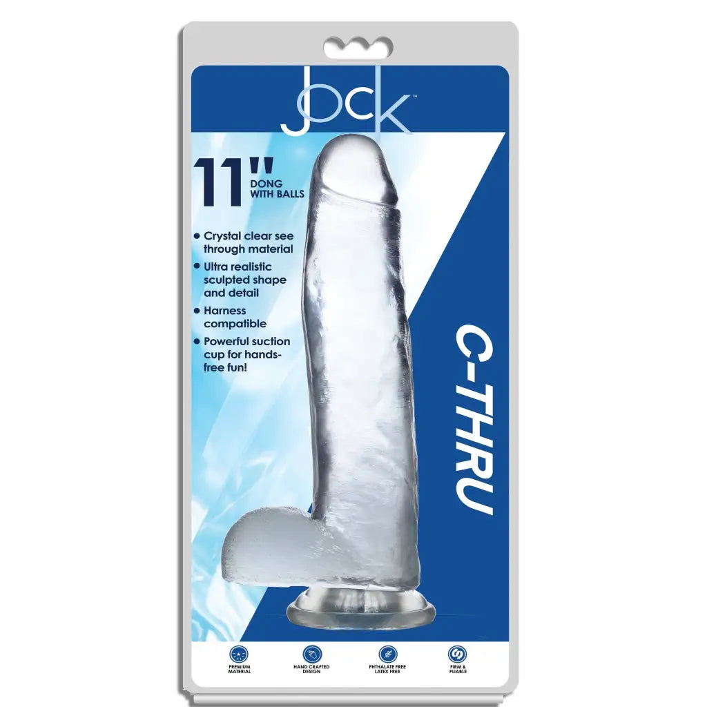 Phthalate-free Jock C-Thru Dildo with Balls featuring suction cup base and anatomical details