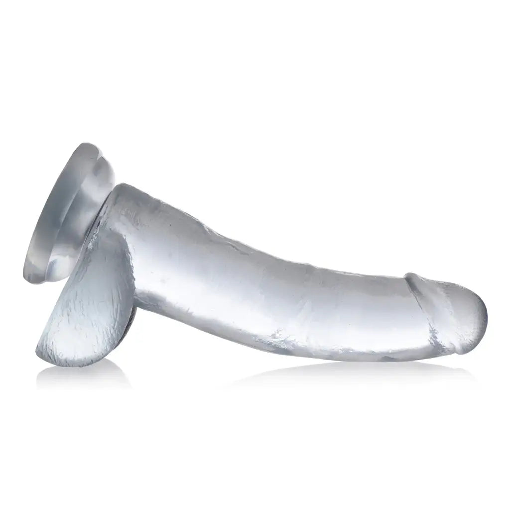 Phthalate-free clear glass or acrylic dildo with flared suction cup base and balls