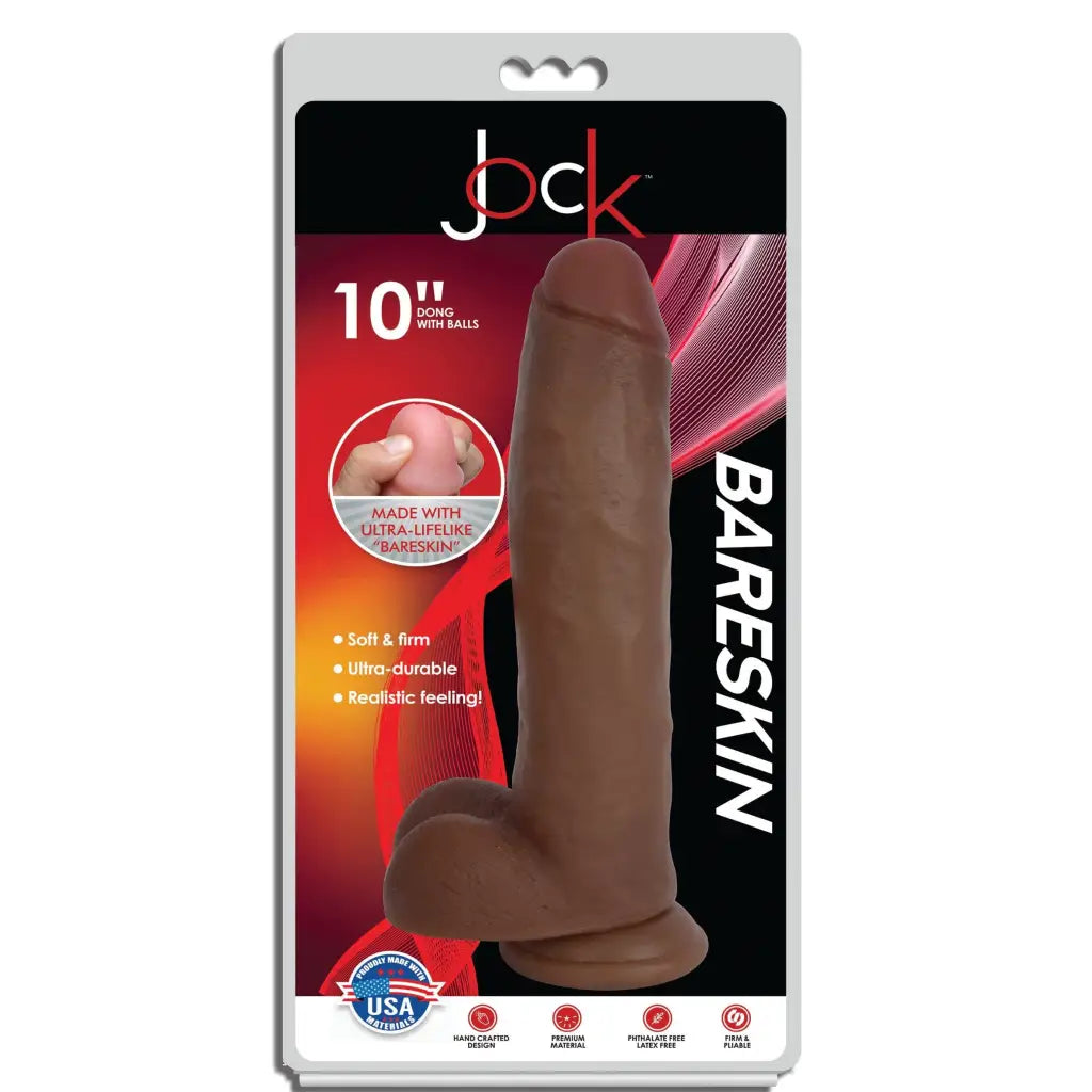 A brown Jock Dark Bareskin dildo with realistic details and balls, shown in its packaging