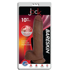 A brown Jock Dark Bareskin dildo with realistic details and balls, shown in its packaging