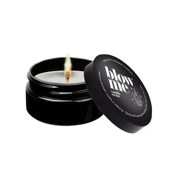 Kama Sutra mini massage candle in a round tin with ’blow me’ branding on the lid