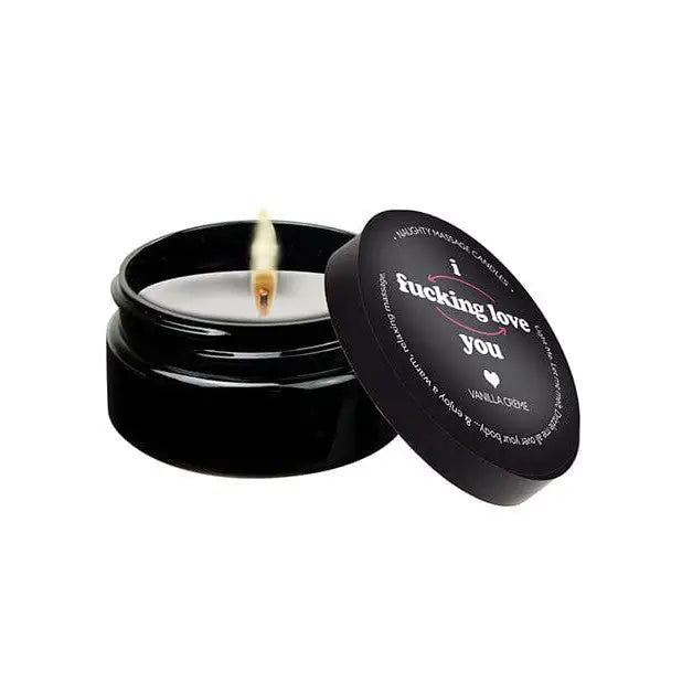 Kama Sutra mini massage candle in black container with provocative message on the lid