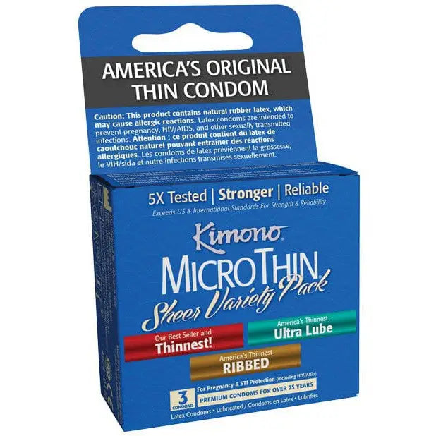 Box of Kimono Micro Thin condoms featuring a variety pack of three styles in Kimono Micro Thin Variety