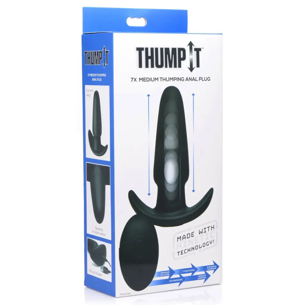 Black silicone thumping 7x anal plug with flared base, packaged in ’THUMP IT’ retail box