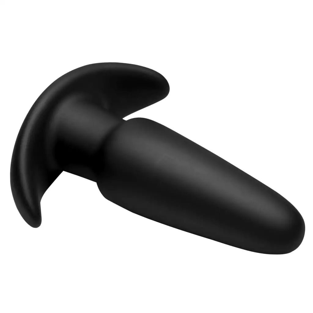 Black silicone anal plug with curved base available in Kinetic Thumping 7x Anal Plug