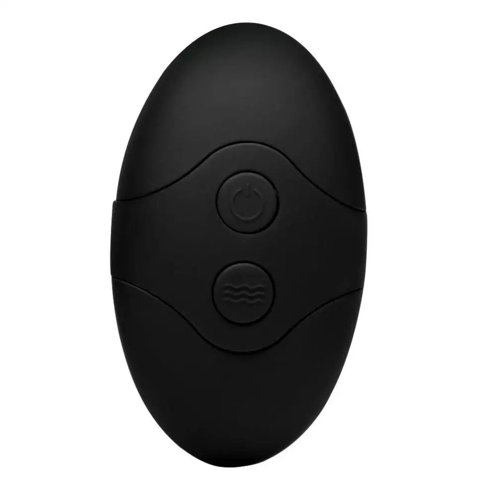 Black oval-shaped Kinetic Thumping 7x Anal Plug with dual circular buttons on top