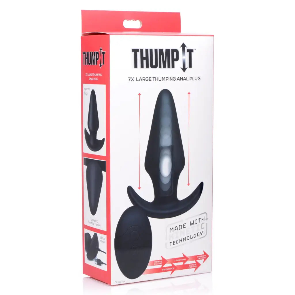 Black silicone Kinetic Thumping 7x Anal Plug with flared base, THUMP IT retail box