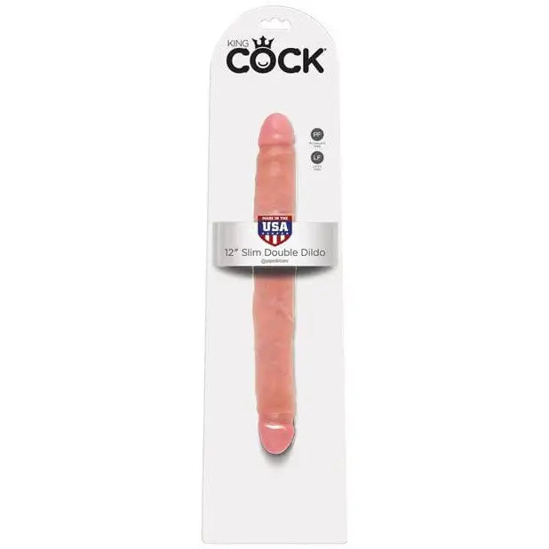 A flesh-colored King Cock 12’ Slim Double Ended Dildo in retail packaging