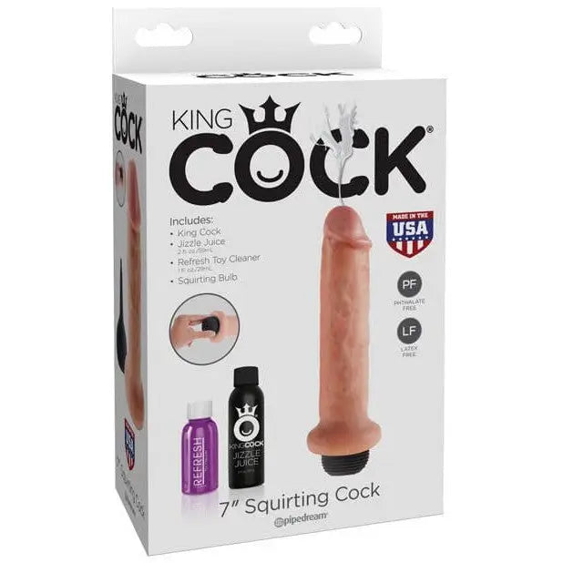 King Cock 7’ Squirting Dildo with accessories in retail packaging for realistic pleasure