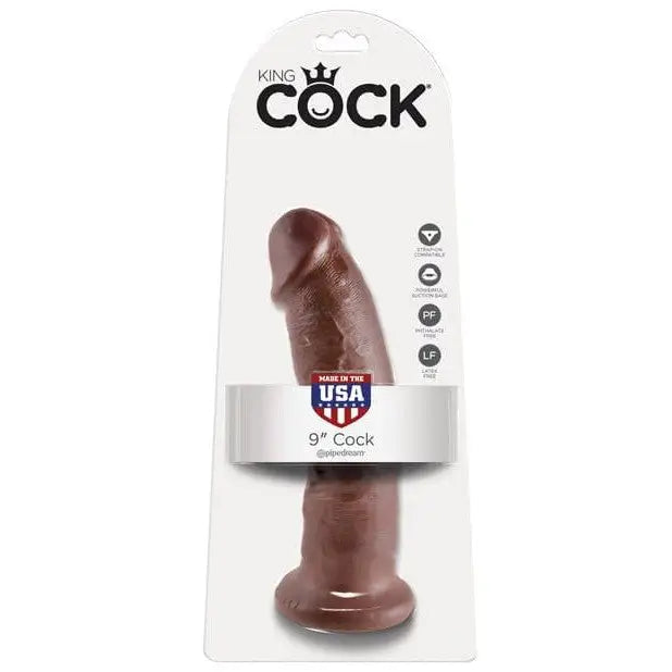 King Cock 9’ Dildo: Brown anatomically-shaped adult novelty product in retail packaging