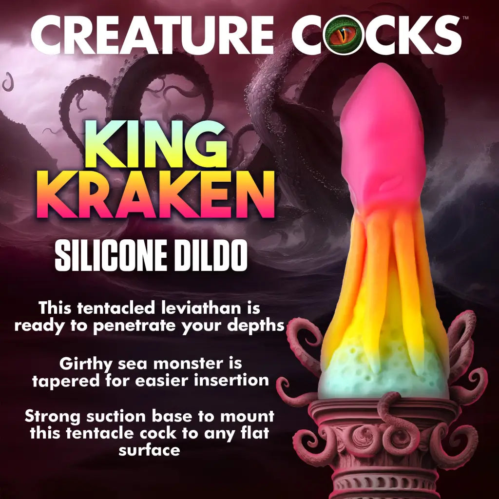 Colorful silicone dildo with suction cup base shaped like a kraken from Creature Cocks King Kraken