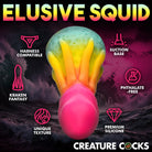 Colorful, squid-shaped silicone sex toy with labeled features and suction cup base