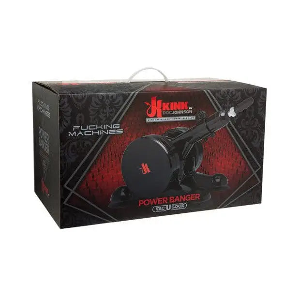 A box of the KINK by Doc Johnson’s Fucking Machines Power Banger with a red logo