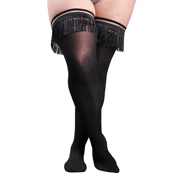 Kix’ies Keila Semi Opaque Fringe Thigh High Black D - Stockings