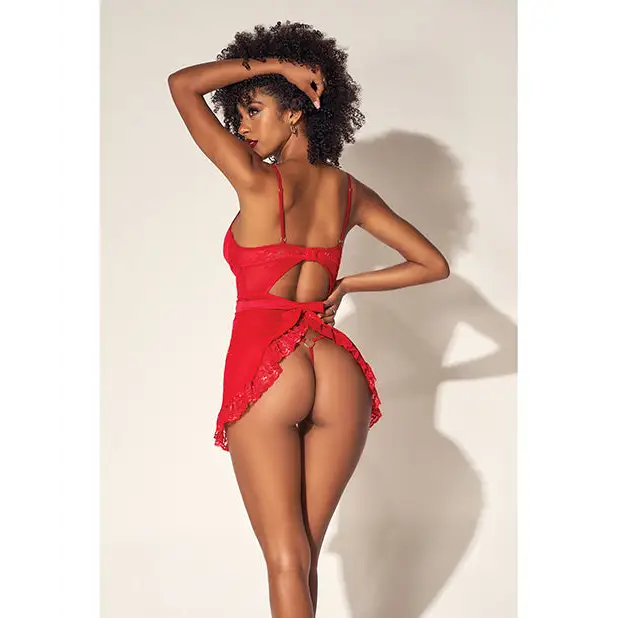 Lace & Mesh Babydoll W/open Back & G-string Red - Bodysuit