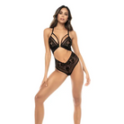 Lace & Mesh Teddy w/Front Clasp & Lace Up Back Black - L/XL - Lingerie - Packaged