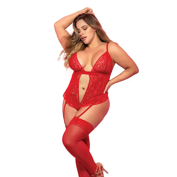 Lace & Mesh Teddy W/hook & Eye Crotch Closure W/attached Garter Straps Red - 2x/3x - Teddy