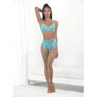 Lace & Mesh Underwire Bra Garterbelt & G-string Malibu Blue - Lingerie Set