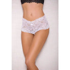 White lace lingerie shorts with satin bow accents on a slim female torso and upper thighs