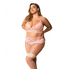 Lace Underwire Bra Thong & Garterbelt W/lace Up Detail Rose - 1x/2x - Lingerie Set